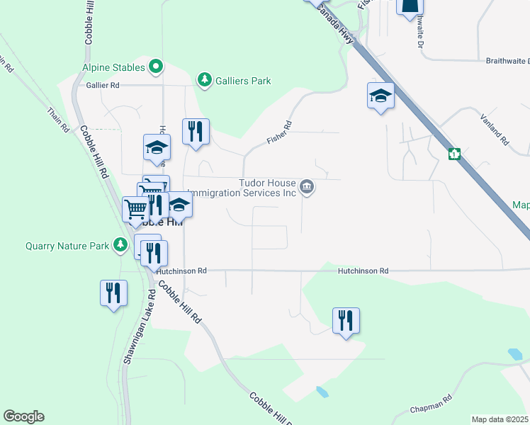 map of restaurants, bars, coffee shops, grocery stores, and more near 3557 Twin Cedars Drive in Cobble Hill