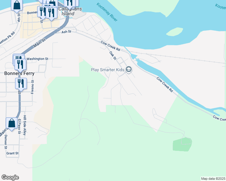 map of restaurants, bars, coffee shops, grocery stores, and more near 6194 Hemlock Street in Bonners Ferry