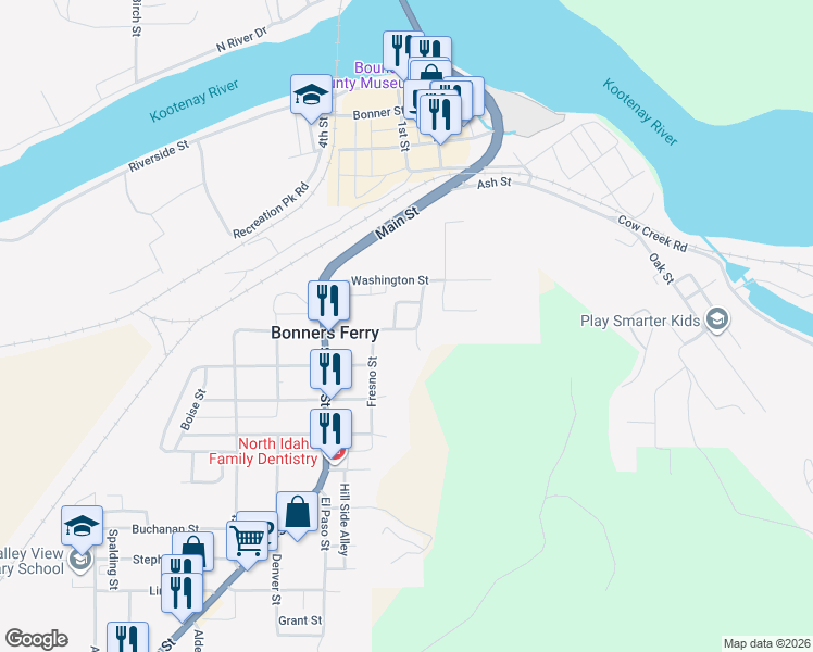 map of restaurants, bars, coffee shops, grocery stores, and more near 6437 Madison Street in Bonners Ferry
