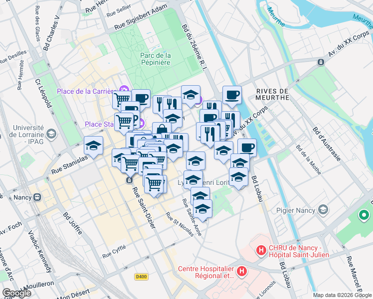 map of restaurants, bars, coffee shops, grocery stores, and more near 93 Rue Saint-Georges in Nancy