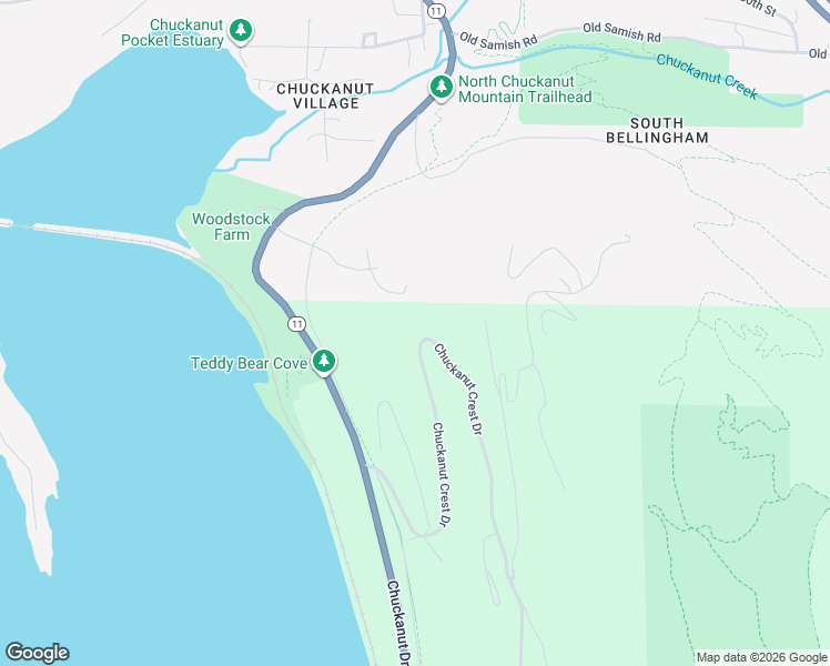 map of restaurants, bars, coffee shops, grocery stores, and more near 1401 Chuckanut Crest Drive in Bellingham
