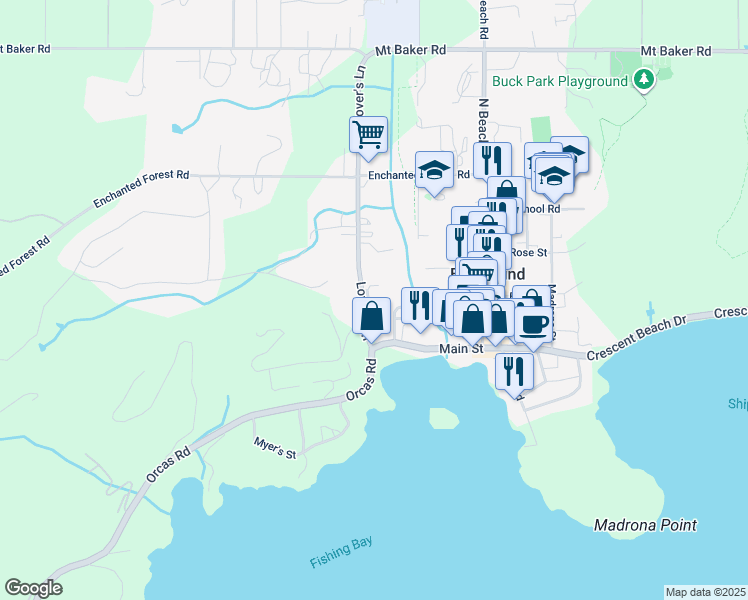map of restaurants, bars, coffee shops, grocery stores, and more near 30 Bright Water Lane in Eastsound