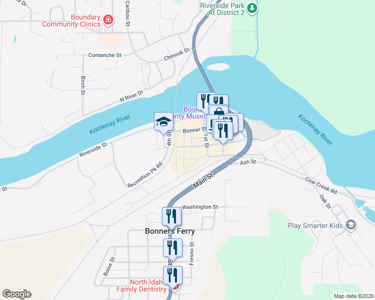 map of restaurants, bars, coffee shops, grocery stores, and more near 6476 Kootenai Street in Bonners Ferry