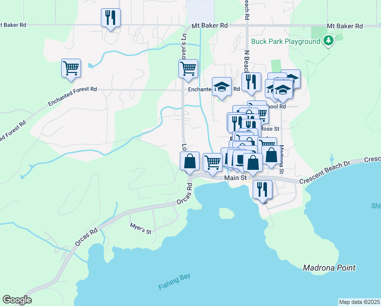 map of restaurants, bars, coffee shops, grocery stores, and more near 30 Bright Water Lane in Eastsound