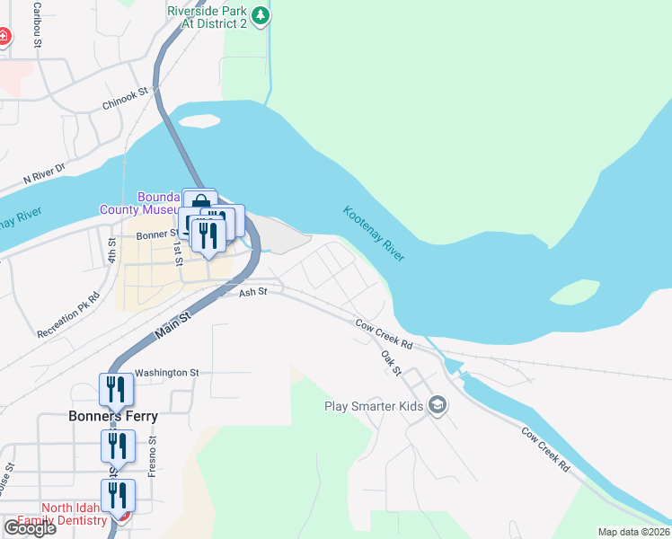 map of restaurants, bars, coffee shops, grocery stores, and more near 7165 Oak Street in Bonners Ferry