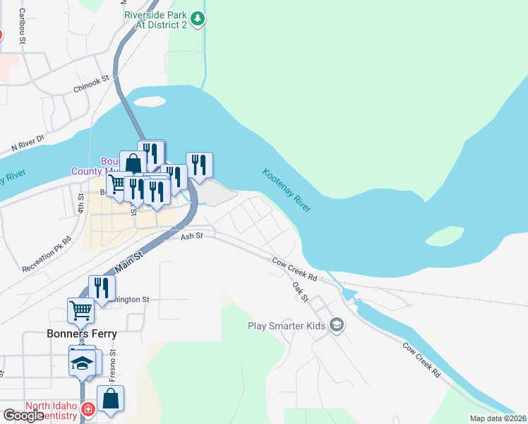 map of restaurants, bars, coffee shops, grocery stores, and more near 7165 Oak Street in Bonners Ferry