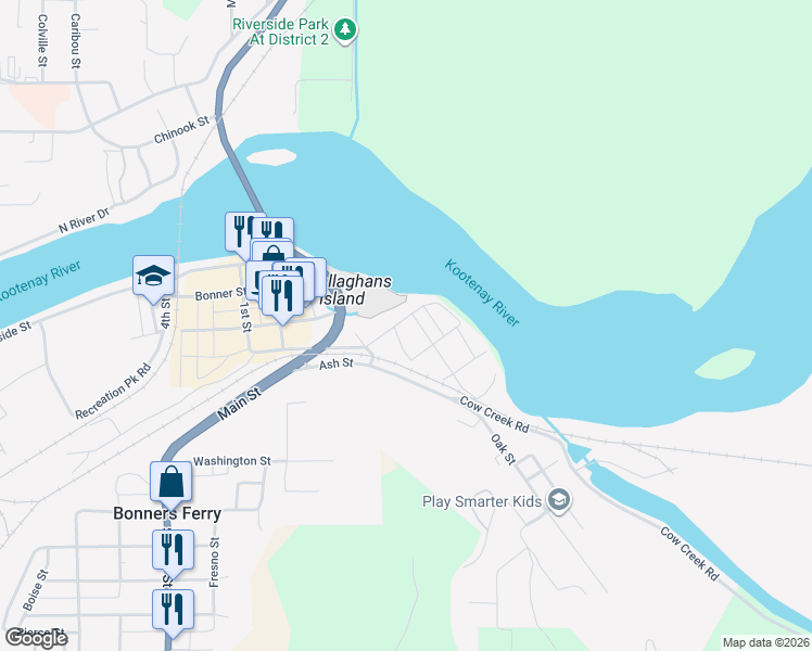 map of restaurants, bars, coffee shops, grocery stores, and more near 7188 Oak Street in Bonners Ferry