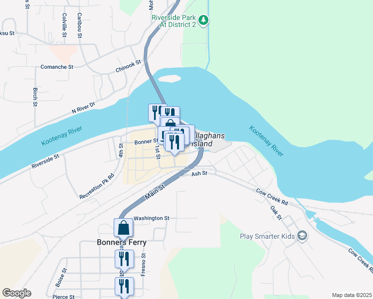 map of restaurants, bars, coffee shops, grocery stores, and more near Riverside Street in Bonners Ferry