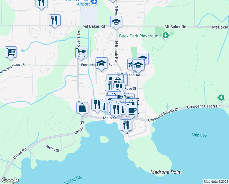 map of restaurants, bars, coffee shops, grocery stores, and more near 421 North Beach Road in Eastsound