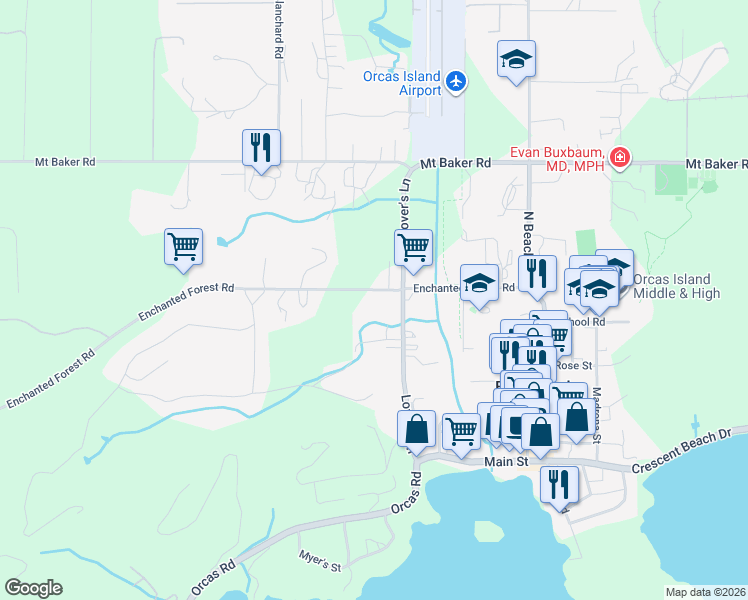 map of restaurants, bars, coffee shops, grocery stores, and more near 286 Enchanted Forest Road in Eastsound