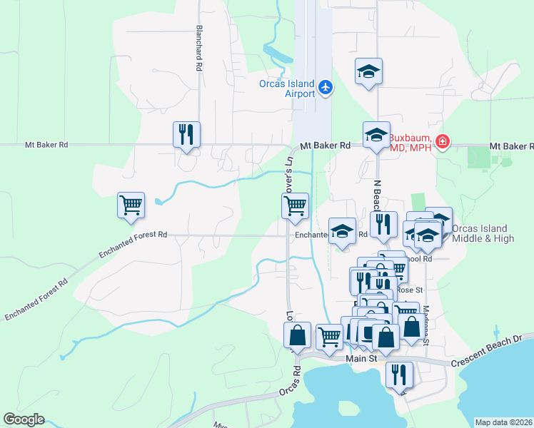map of restaurants, bars, coffee shops, grocery stores, and more near 286 Enchanted Forest Road in Eastsound