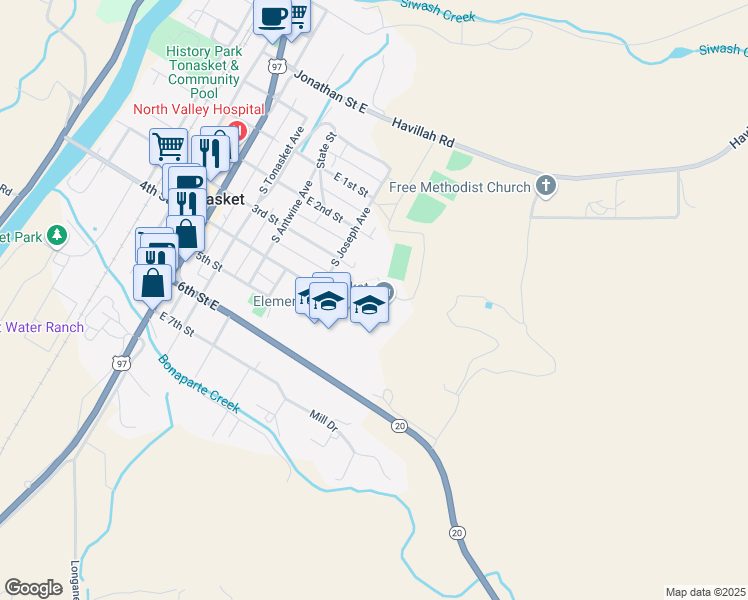 map of restaurants, bars, coffee shops, grocery stores, and more near 35 State Route 20 in Tonasket