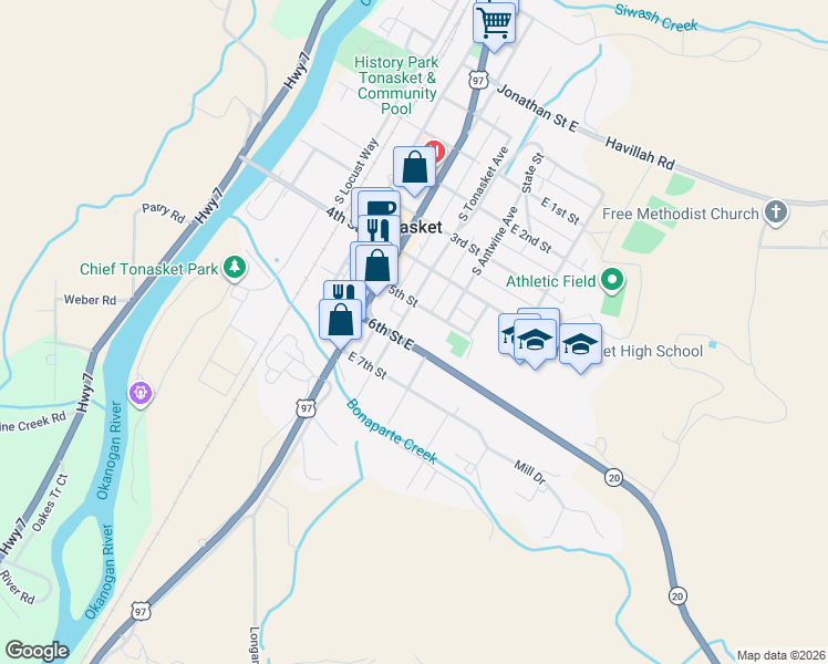 map of restaurants, bars, coffee shops, grocery stores, and more near 515 South Tonasket Avenue in Tonasket