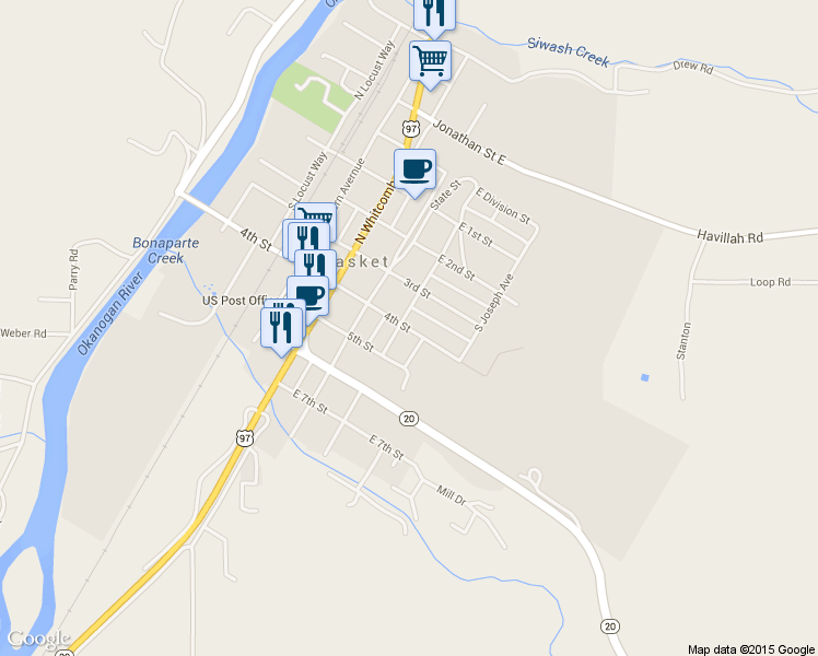 map of restaurants, bars, coffee shops, grocery stores, and more near 217 4th Street in Tonasket