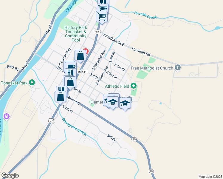 map of restaurants, bars, coffee shops, grocery stores, and more near 244 3rd Street in Tonasket