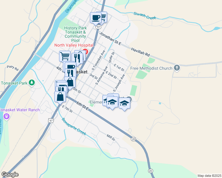 map of restaurants, bars, coffee shops, grocery stores, and more near 244 3rd Street in Tonasket