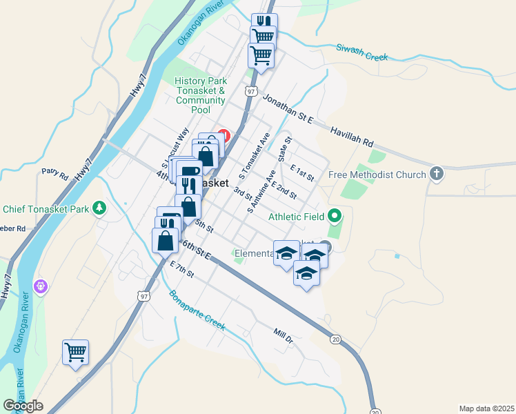 map of restaurants, bars, coffee shops, grocery stores, and more near 217 4th Street in Tonasket