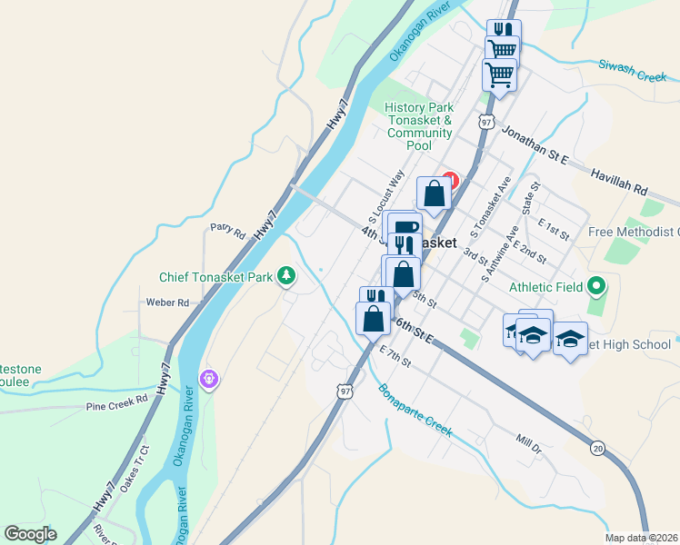 map of restaurants, bars, coffee shops, grocery stores, and more near 520 Western Avenue in Tonasket