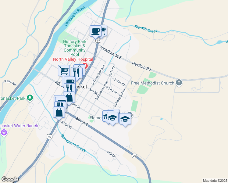 map of restaurants, bars, coffee shops, grocery stores, and more near 223 2nd Street in Tonasket