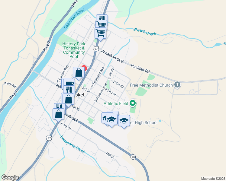 map of restaurants, bars, coffee shops, grocery stores, and more near 223 2nd Street in Tonasket