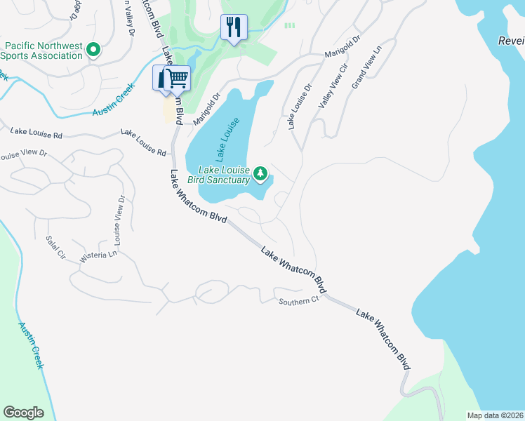 map of restaurants, bars, coffee shops, grocery stores, and more near 57 Lake Louise Drive in Bellingham