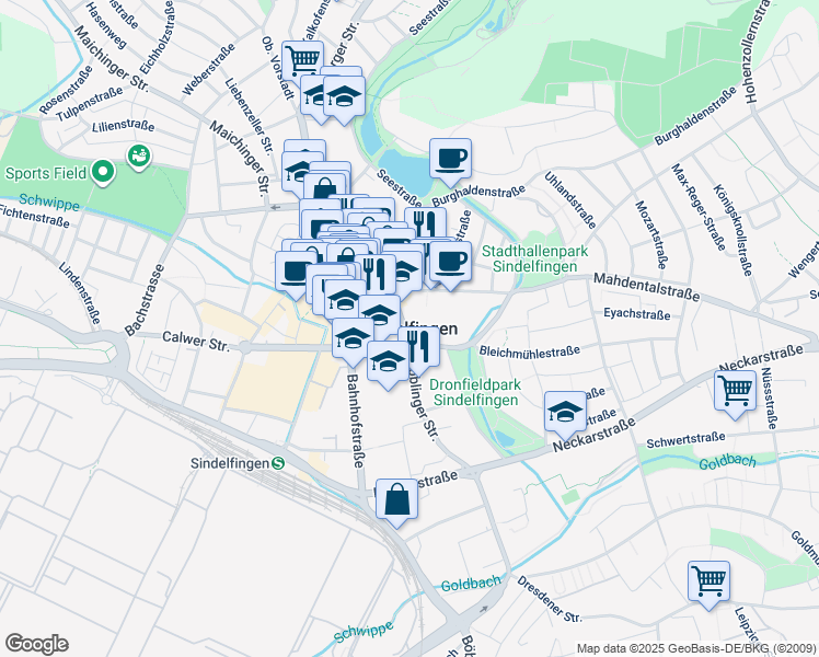 map of restaurants, bars, coffee shops, grocery stores, and more near in Sindelfingen