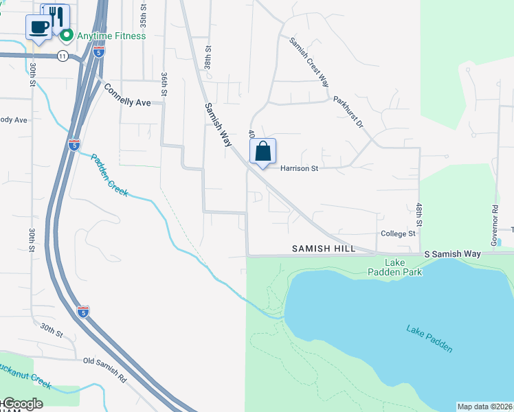 map of restaurants, bars, coffee shops, grocery stores, and more near 2615 40th Street in Bellingham