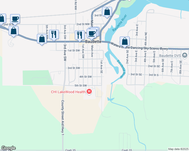 map of restaurants, bars, coffee shops, grocery stores, and more near 420 Main Avenue in Baudette