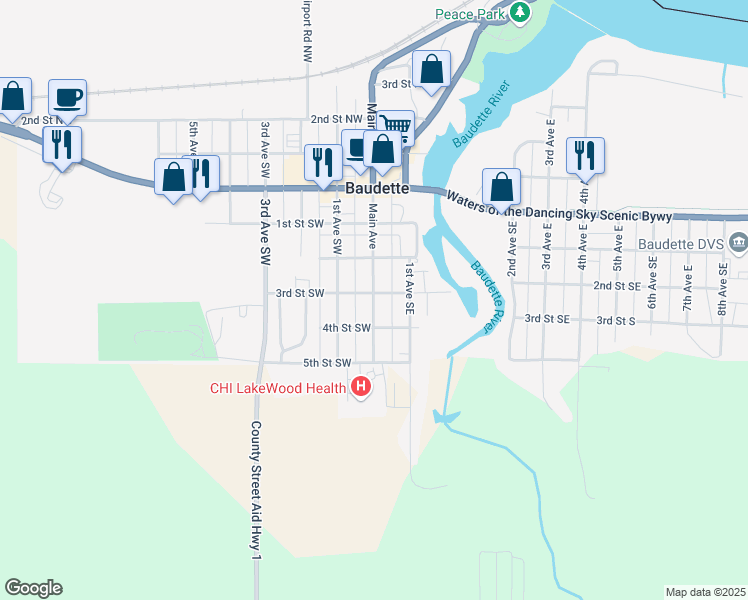 map of restaurants, bars, coffee shops, grocery stores, and more near 420 Main Avenue in Baudette