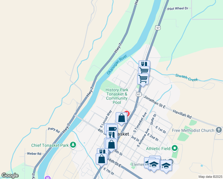 map of restaurants, bars, coffee shops, grocery stores, and more near 4 South Locust Way in Tonasket