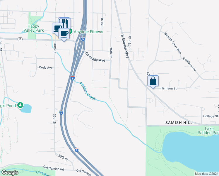 map of restaurants, bars, coffee shops, grocery stores, and more near 3422 36th Street in Bellingham