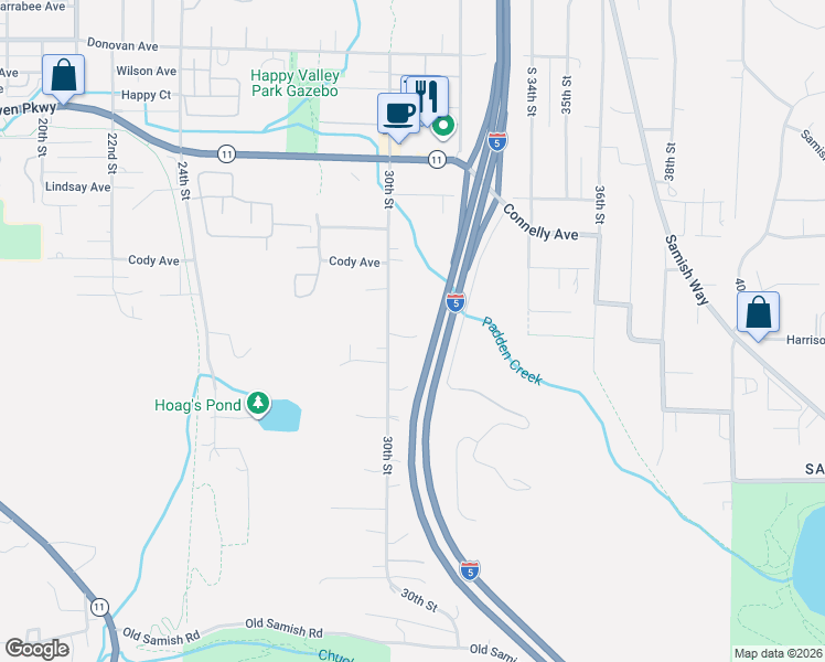 map of restaurants, bars, coffee shops, grocery stores, and more near 3006 Harrison Street in Bellingham