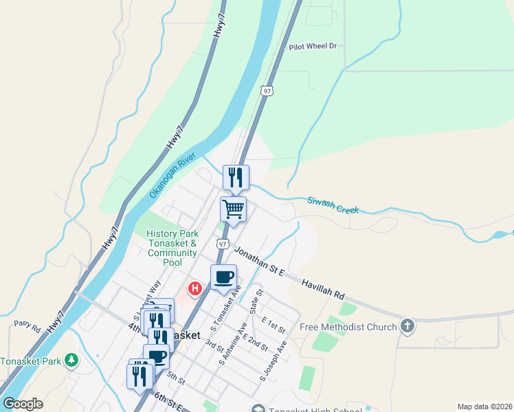 map of restaurants, bars, coffee shops, grocery stores, and more near 107 North Whitcomb Avenue in Tonasket