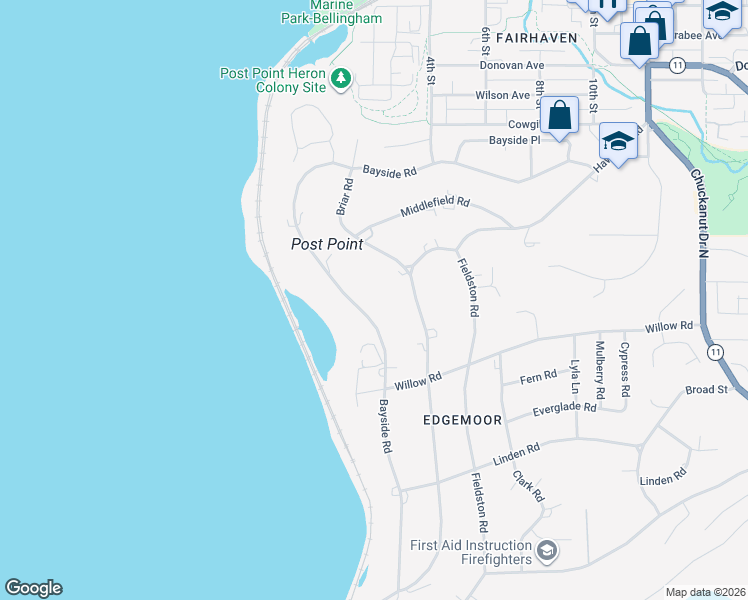 map of restaurants, bars, coffee shops, grocery stores, and more near 405 Bayside Road in Bellingham