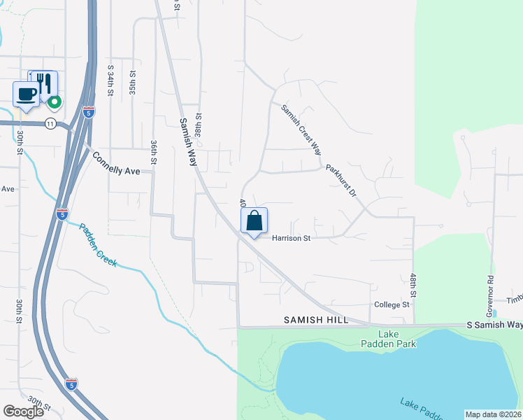map of restaurants, bars, coffee shops, grocery stores, and more near 4016 Padden Hills Court in Bellingham