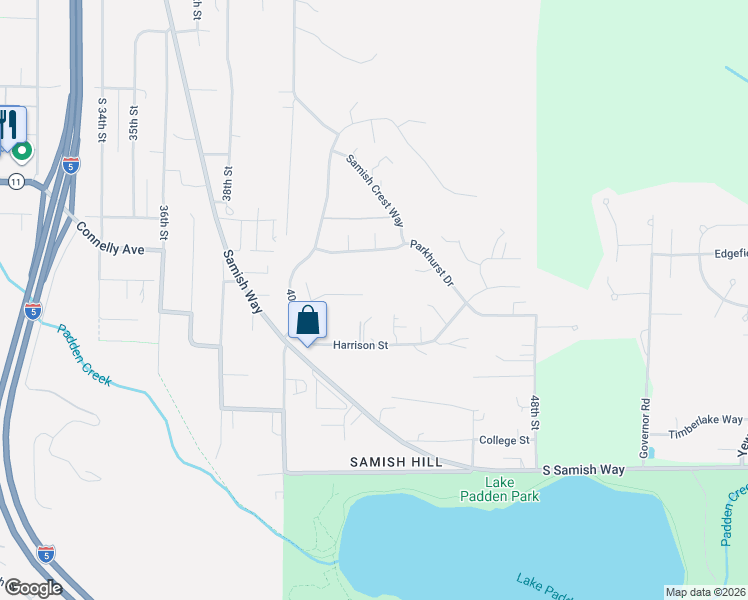 map of restaurants, bars, coffee shops, grocery stores, and more near 4205 Harrison Street in Bellingham