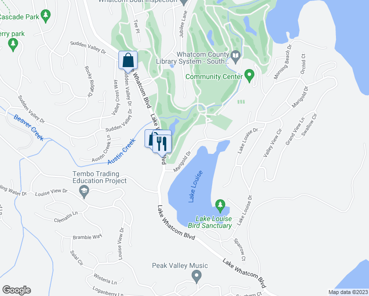 map of restaurants, bars, coffee shops, grocery stores, and more near 1800 Lake Whatcom Boulevard in Bellingham