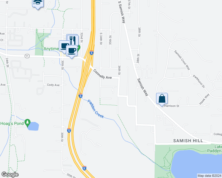 map of restaurants, bars, coffee shops, grocery stores, and more near 3550 Cody Avenue in Bellingham