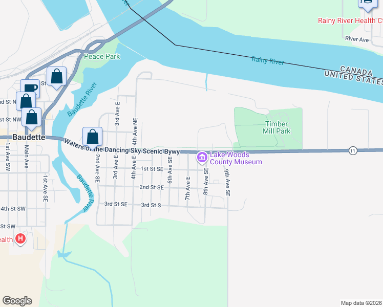 map of restaurants, bars, coffee shops, grocery stores, and more near 120 7th Avenue East in Baudette