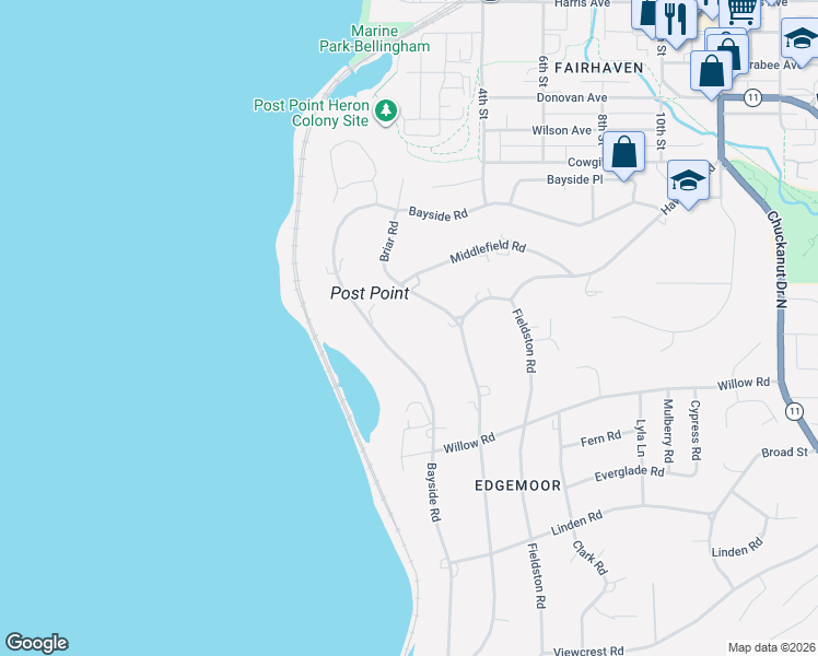 map of restaurants, bars, coffee shops, grocery stores, and more near 405 Bayside Road in Bellingham
