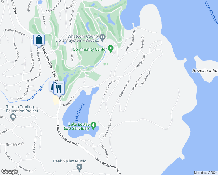 map of restaurants, bars, coffee shops, grocery stores, and more near 1 Lake Louise Drive in Bellingham