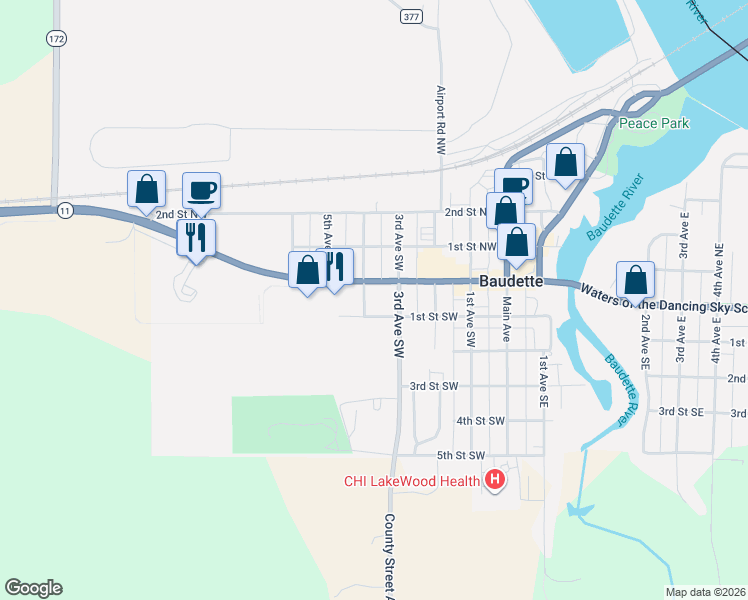 map of restaurants, bars, coffee shops, grocery stores, and more near 409 Main Street West in Baudette