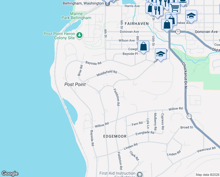 map of restaurants, bars, coffee shops, grocery stores, and more near 211 Hawthorn Road in Bellingham