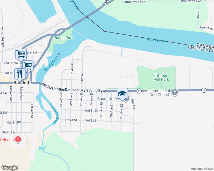 map of restaurants, bars, coffee shops, grocery stores, and more near 120 7th Avenue East in Baudette