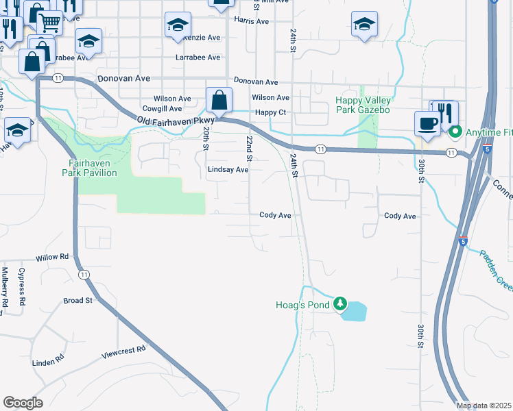 map of restaurants, bars, coffee shops, grocery stores, and more near 2109 22nd Street in Bellingham