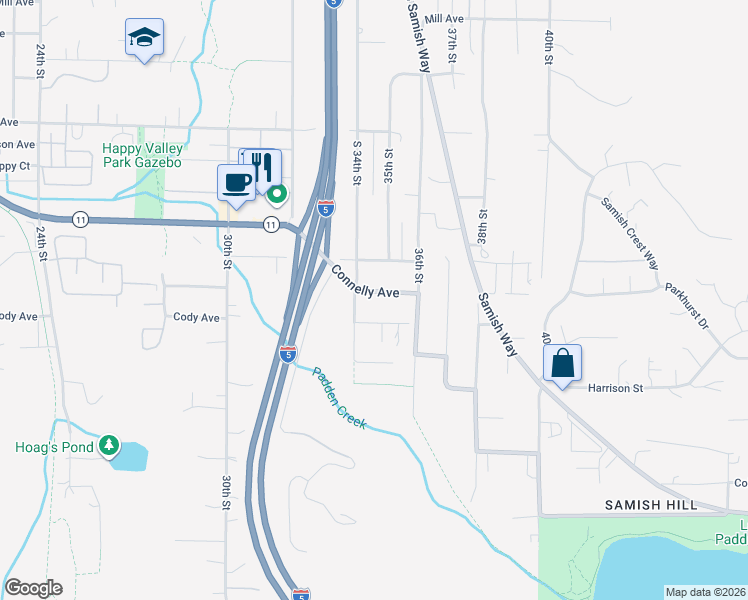 map of restaurants, bars, coffee shops, grocery stores, and more near 3514 Connelly Avenue in Bellingham