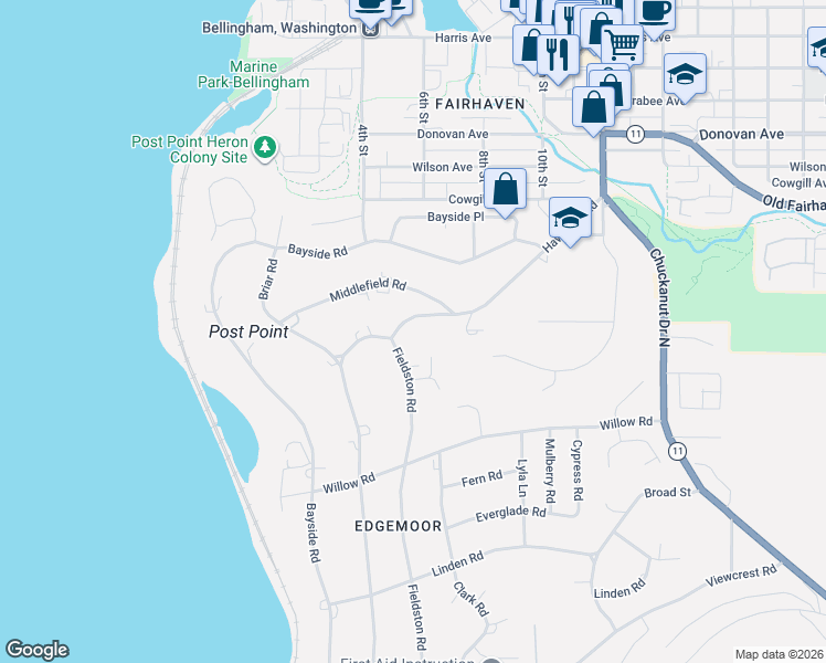 map of restaurants, bars, coffee shops, grocery stores, and more near 208 Hawthorn Road in Bellingham