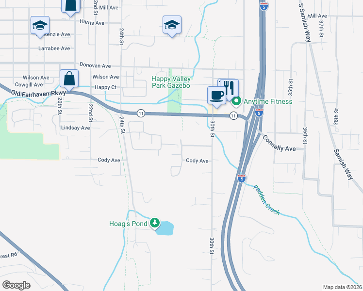 map of restaurants, bars, coffee shops, grocery stores, and more near 2781 Connelly Avenue in Bellingham