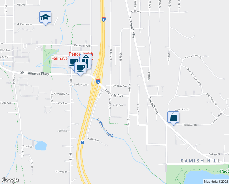 map of restaurants, bars, coffee shops, grocery stores, and more near 3514 Connelly Avenue in Bellingham