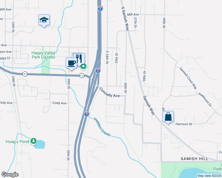 map of restaurants, bars, coffee shops, grocery stores, and more near 1911 South 34th Street in Bellingham